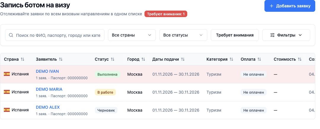 Реальный экран кабинета: Заявки на запись ботом.